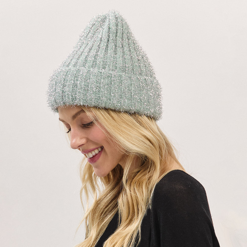 HATEGORY Fuzzy Lurex Metallic Knit Winter Beanie Hat