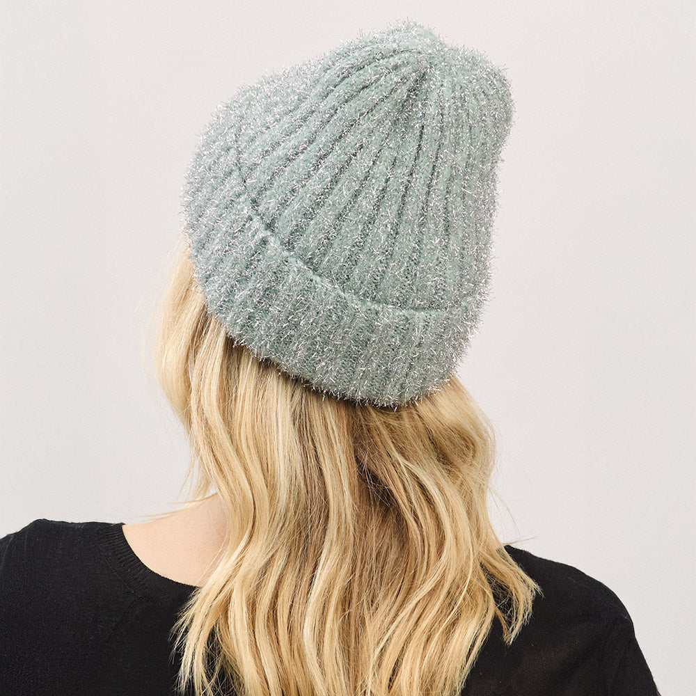 HATEGORY Fuzzy Lurex Metallic Knit Winter Beanie Hat