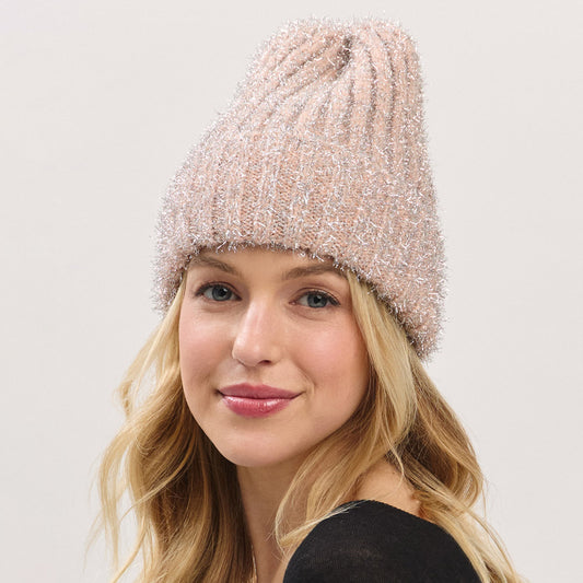 HATEGORY Fuzzy Lurex Metallic Knit Winter Beanie Hat