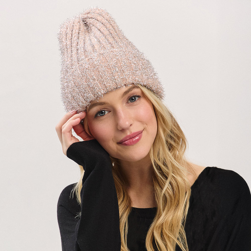 HATEGORY Fuzzy Lurex Metallic Knit Winter Beanie Hat