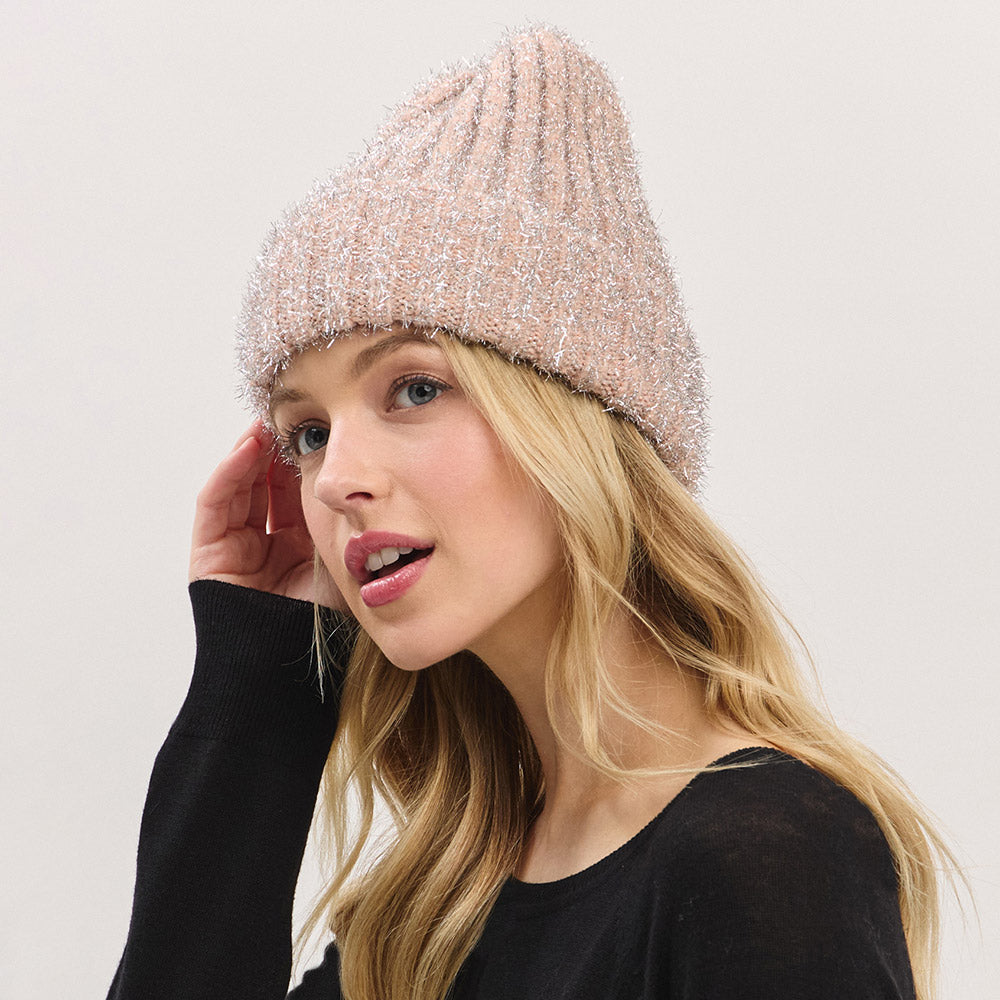 HATEGORY Fuzzy Lurex Metallic Knit Winter Beanie Hat