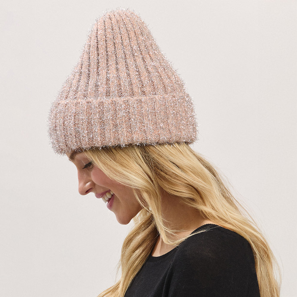 HATEGORY Fuzzy Lurex Metallic Knit Winter Beanie Hat