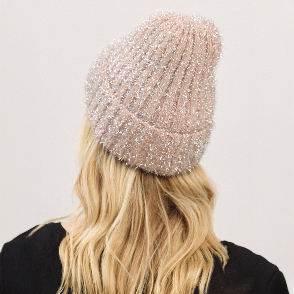 HATEGORY Fuzzy Lurex Metallic Knit Winter Beanie Hat