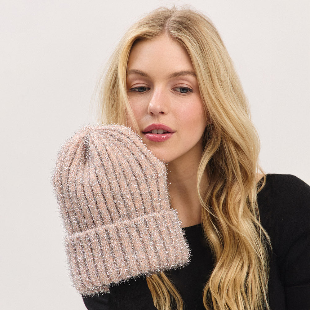 HATEGORY Fuzzy Lurex Metallic Knit Winter Beanie Hat