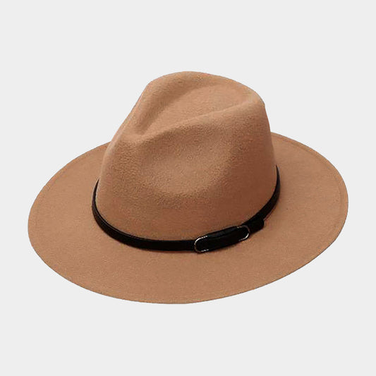 HATEGORY Faux Leather Band Solid Panama Hat