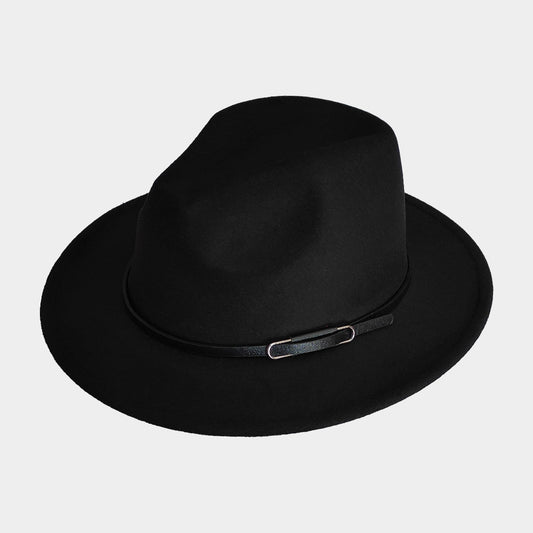 HATEGORY Faux Leather Band Solid Panama Hat