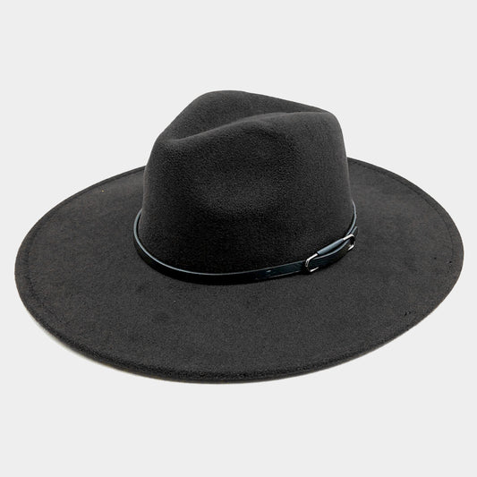 HATEGORY Faux Leather Band Solid Panama Hat