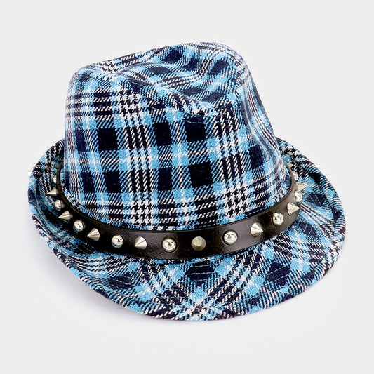 HATEGORY Metallic thread plaid check fedora with studded band