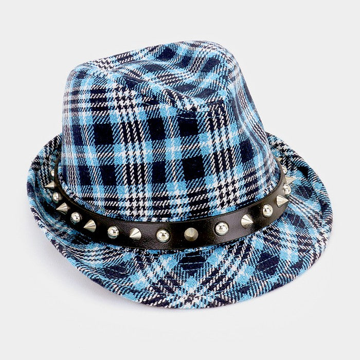 HATEGORY Metallic thread plaid check fedora with studded band