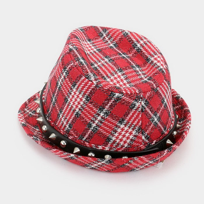 HATEGORY Metallic thread plaid check fedora with studded band