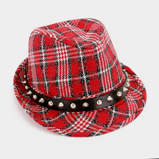 HATEGORY Metallic thread plaid check fedora with studded band