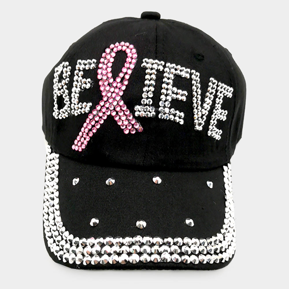 HATEGORY Bling Pink Ribbon Believe Message Baseball Cap