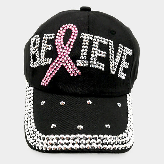 HATEGORY Bling Pink Ribbon Believe Message Baseball Cap