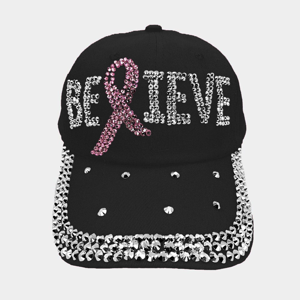 HATEGORY Bling Pink Ribbon Believe Message Baseball Cap