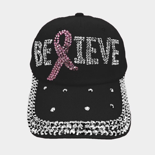 HATEGORY Bling Pink Ribbon Believe Message Baseball Cap
