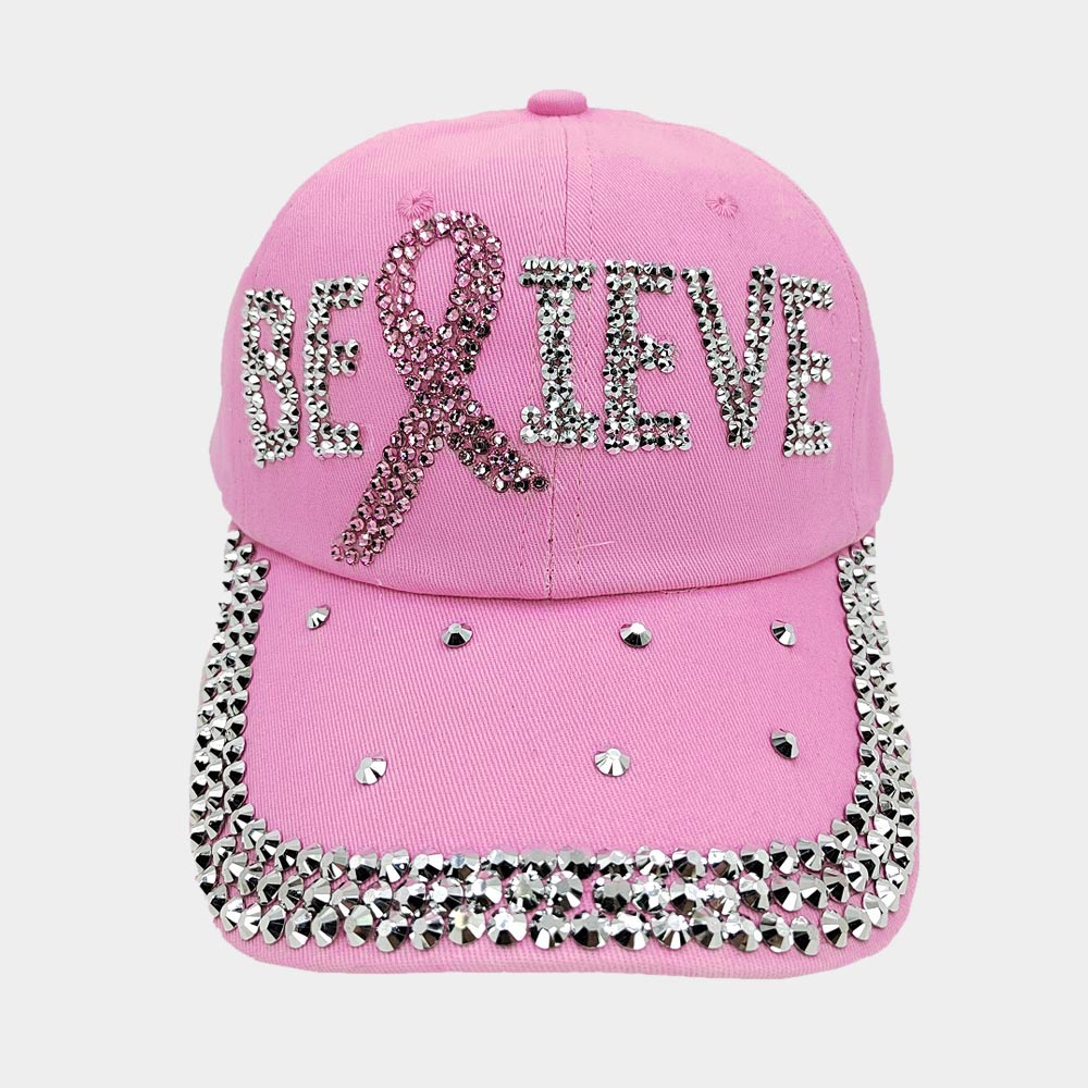 HATEGORY Bling Pink Ribbon Believe Message Baseball Cap