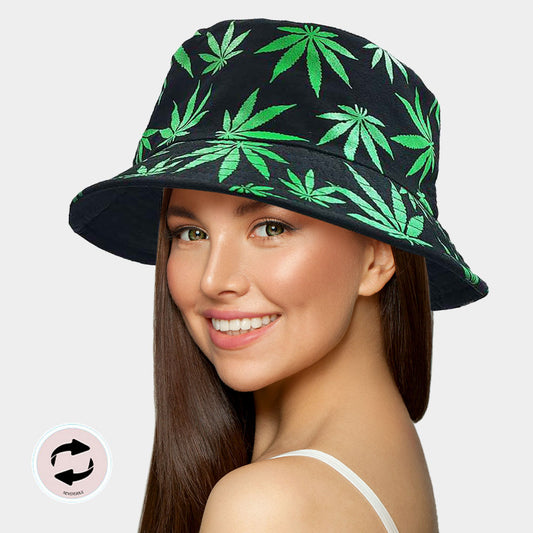 HATEGORY Reversible Hemp Leaf Patterned Bucket Hat