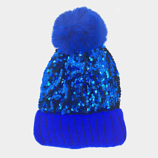 HATEGORY Sequin Pom Pom Knit Beanie Hat