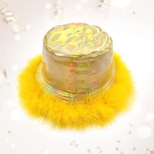 HATEGORY Faux Feather Trimmed Hologram Bucket Hat