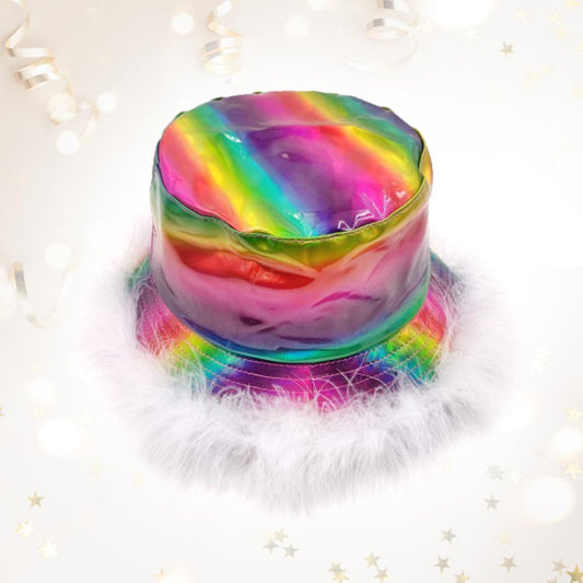 HATEGORY Faux Feather Trimmed Hologram Bucket Hat
