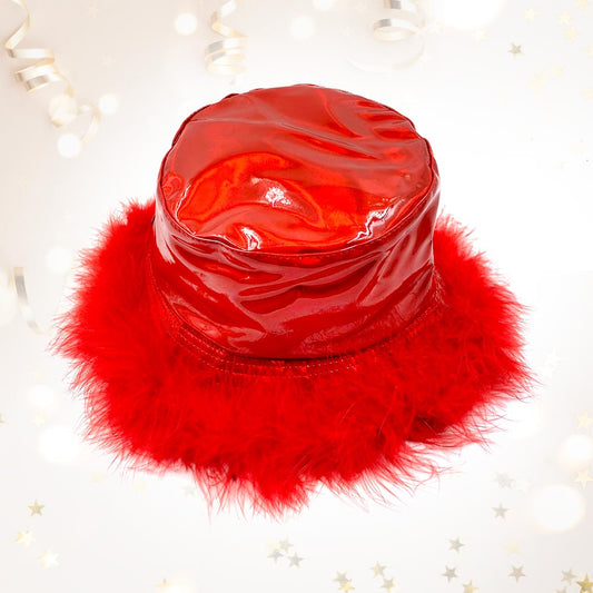 HATEGORY Faux Feather Trimmed Hologram Bucket Hat