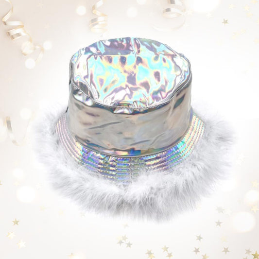 HATEGORY Faux Feather Trimmed Hologram Bucket Hat