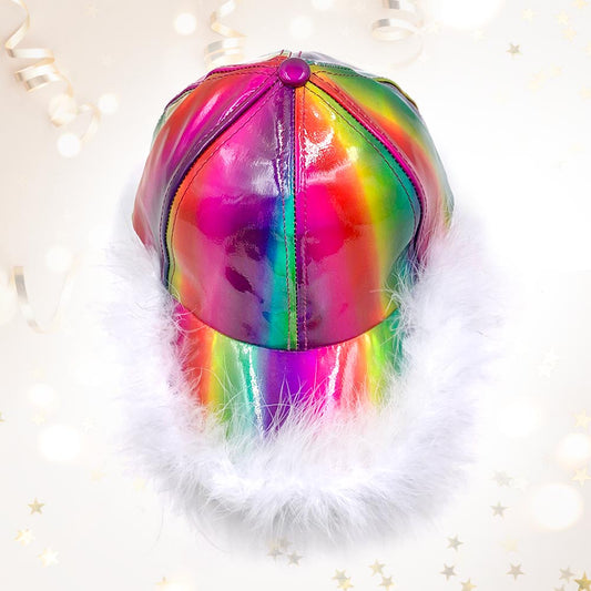 HATEGORY Faux Feather Trimmed Hologram Baseball Cap