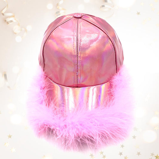 HATEGORY Faux Feather Trimmed Hologram Baseball Cap