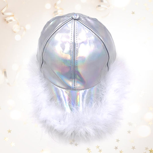 HATEGORY Faux Feather Trimmed Hologram Baseball Cap