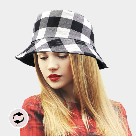 HATEGORY Reversible Buffalo Check Patterned Bucket Hat
