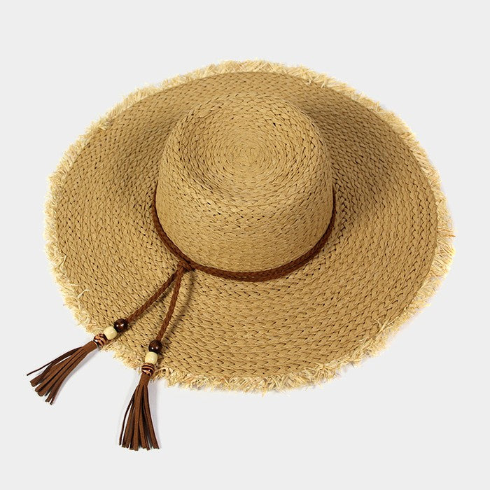 HATEGORY Frayed edge floppy sun hat with braided cord tassel