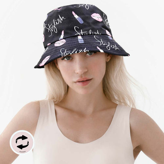 HATEGORY Stylish Message Lips Lipstick Patterned Reversible Bucket Hat