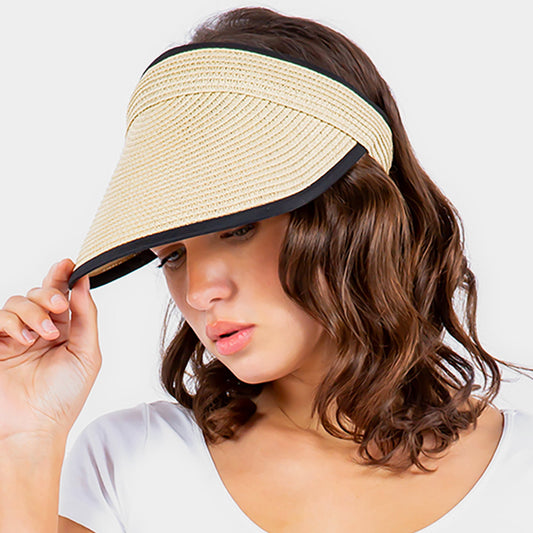 HATEGORY Solid Trimmed Straw Visor Sun Hat