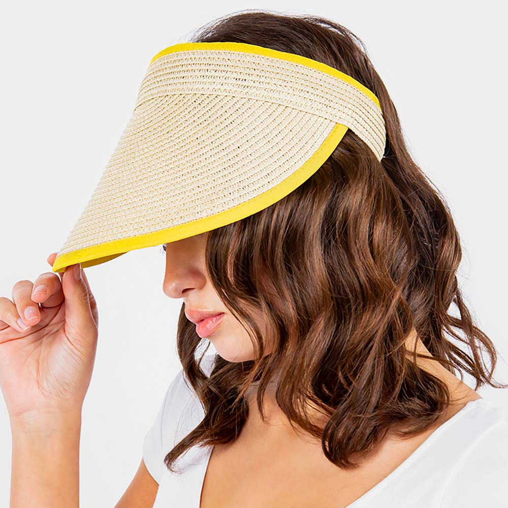 HATEGORY Solid Trimmed Straw Visor Sun Hat