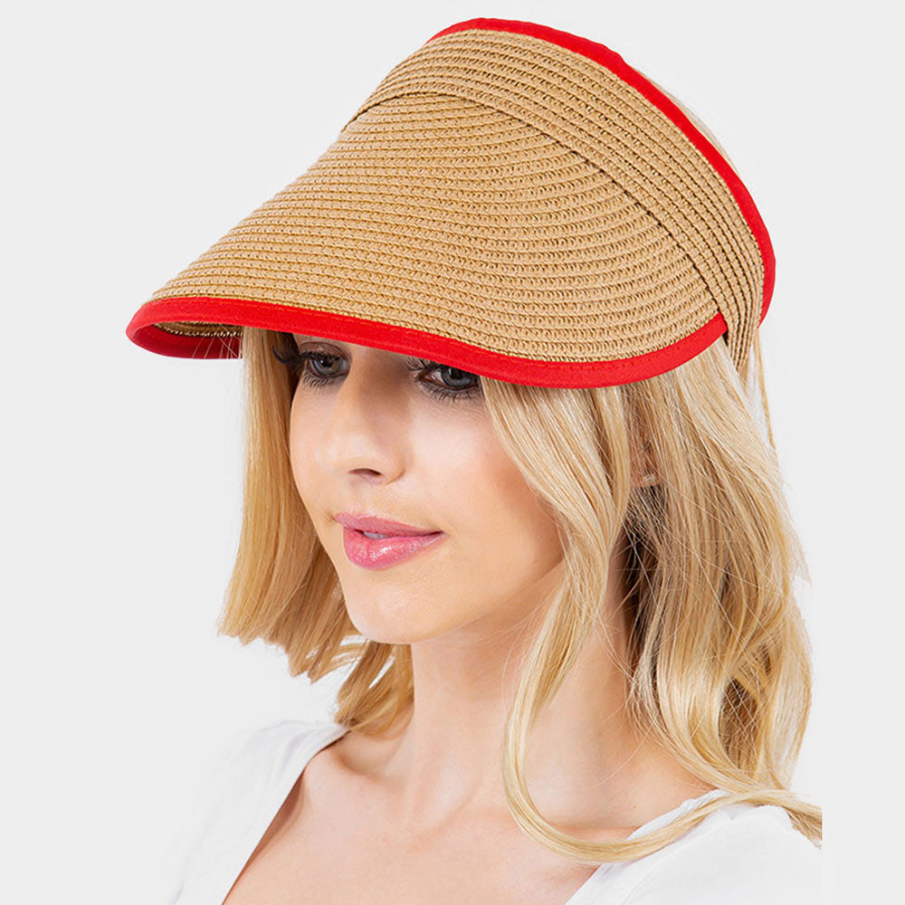HATEGORY Solid Trimmed Straw Visor Sun Hat