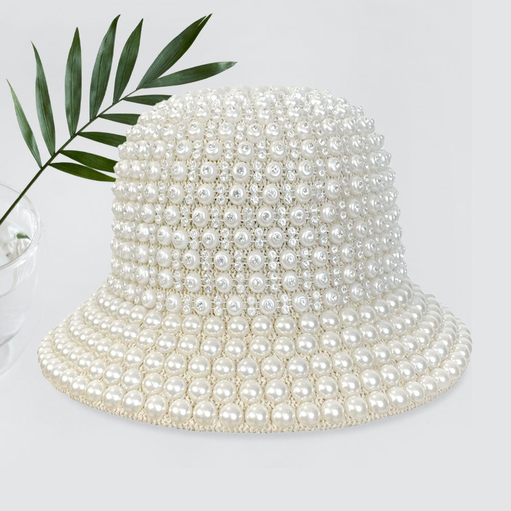 HATEGORY Pearl Rhinestone Embellished Straw Bucket Hat