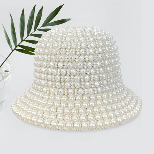 HATEGORY Pearl Rhinestone Embellished Straw Bucket Hat