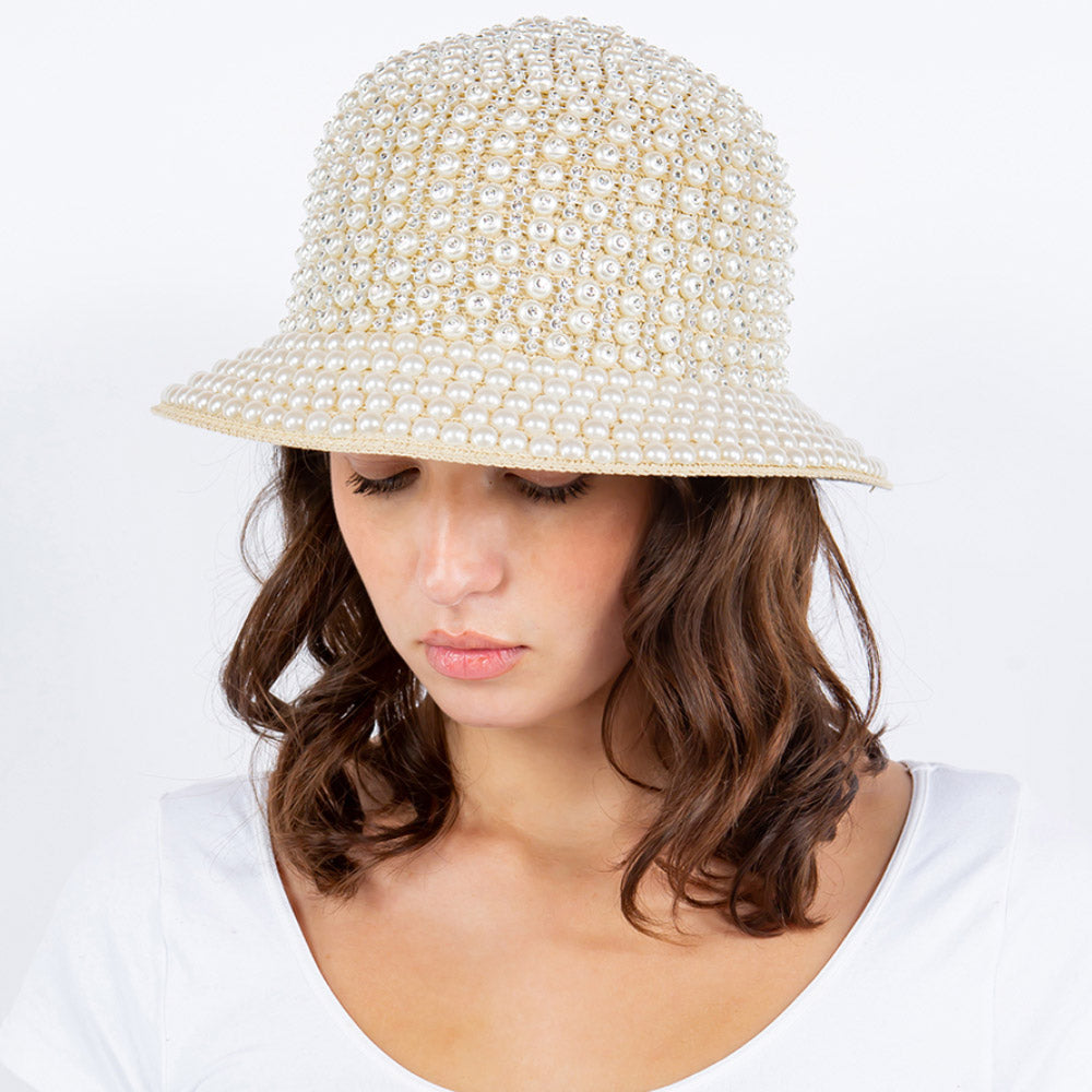 HATEGORY Pearl Rhinestone Embellished Straw Bucket Hat