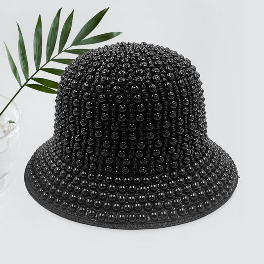 HATEGORY Pearl Rhinestone Embellished Straw Bucket Hat
