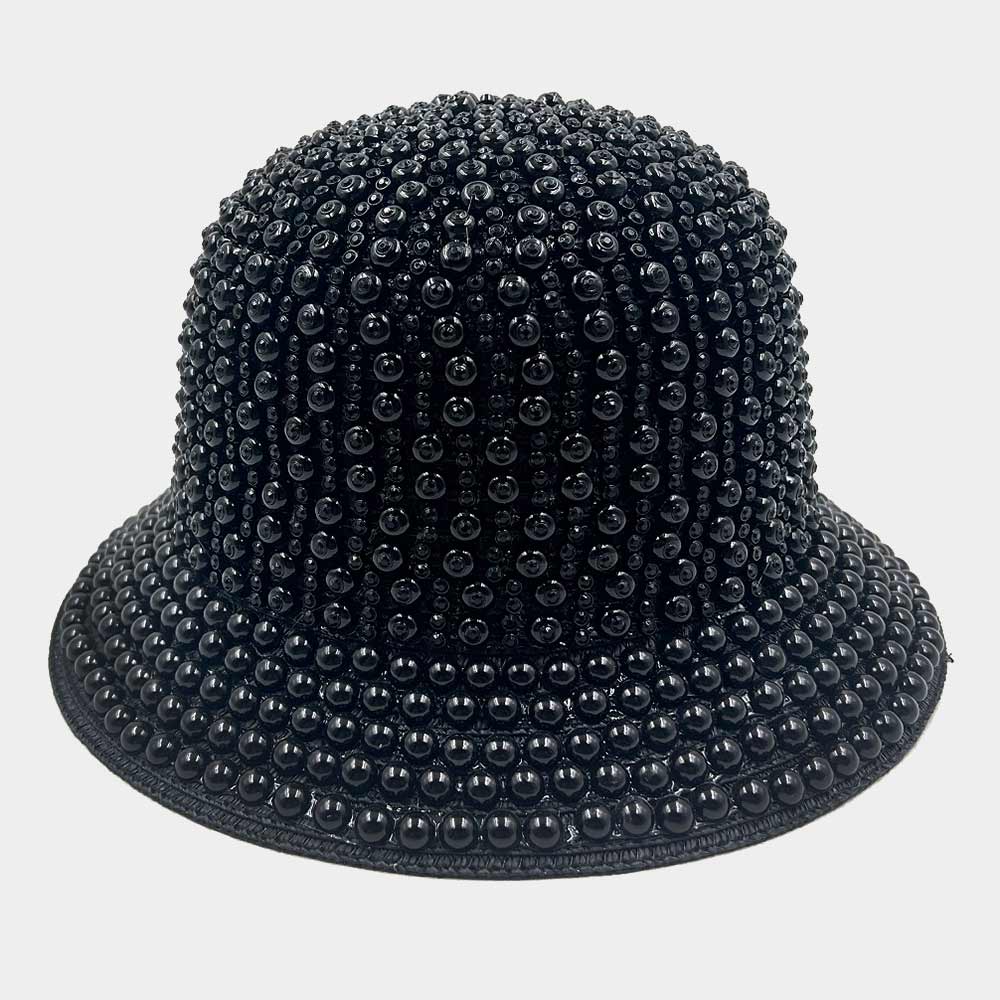 HATEGORY Pearl Rhinestone Embellished Straw Bucket Hat