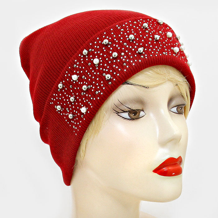 HATEGORY Pearl Crystal Metal Ball Cluster Beanie Hat