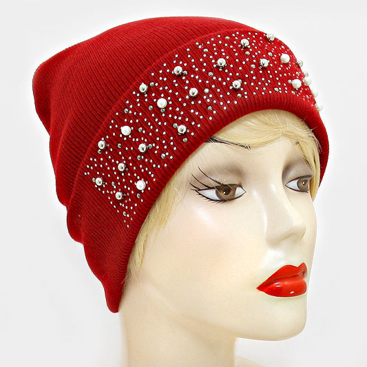 HATEGORY Pearl Crystal Metal Ball Cluster Beanie Hat