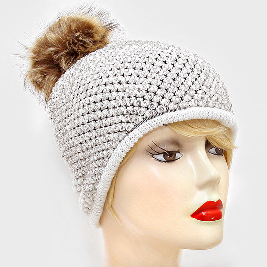HATEGORY Crystal Studded Knit Beanie Hat with Pom Pom Fur