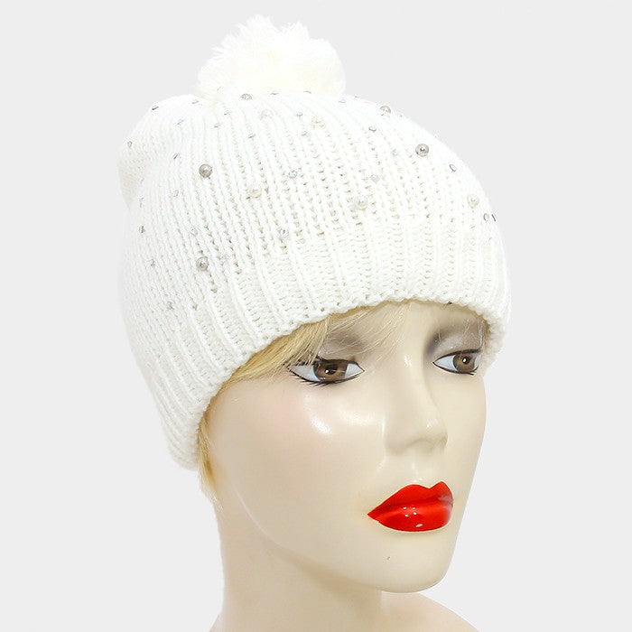 HATEGORY Crystal Pearl Studded Pom Pom Beanie Hat