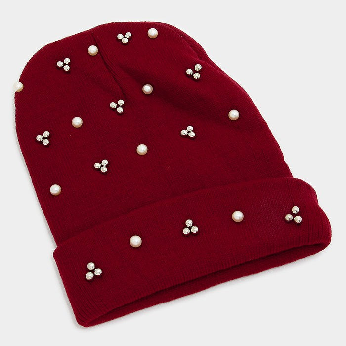 HATEGORY Crystal Pearl Studded Fold Over Beanie Hat