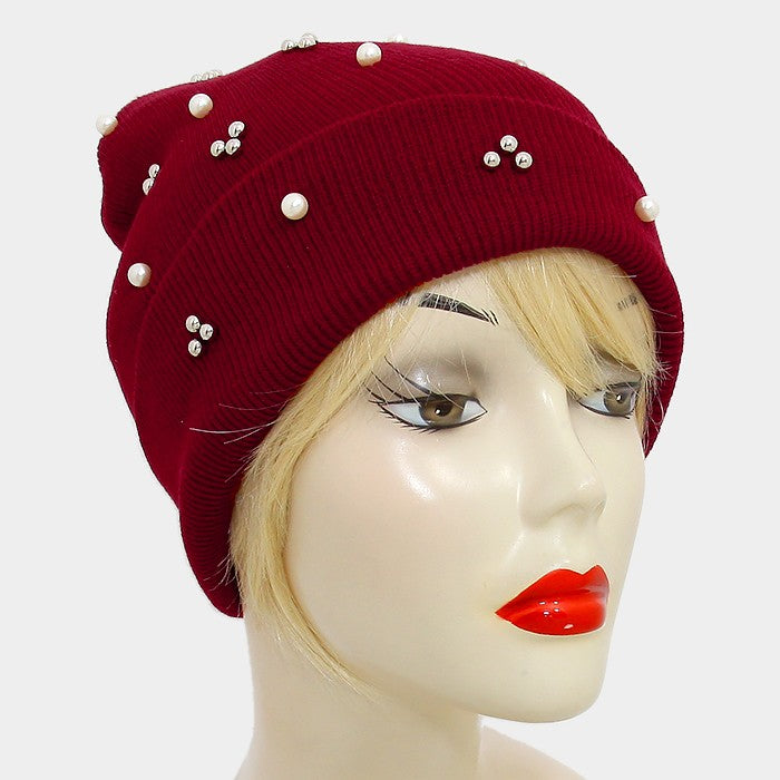 HATEGORY Crystal Pearl Studded Fold Over Beanie Hat