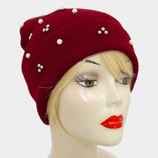 HATEGORY Crystal Pearl Studded Fold Over Beanie Hat