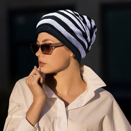 HATEGORY Striped Acrylic Open End Beanie Hat