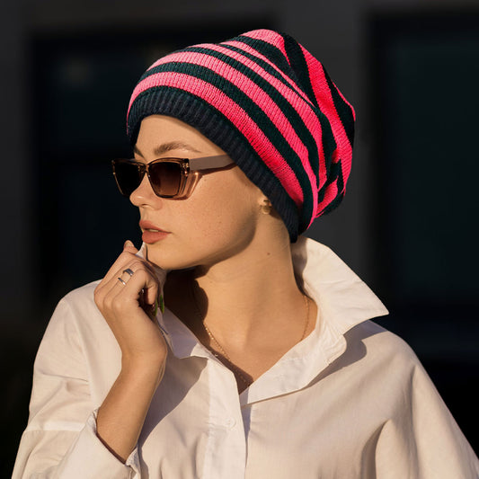 HATEGORY Striped Acrylic Open End Beanie Hat