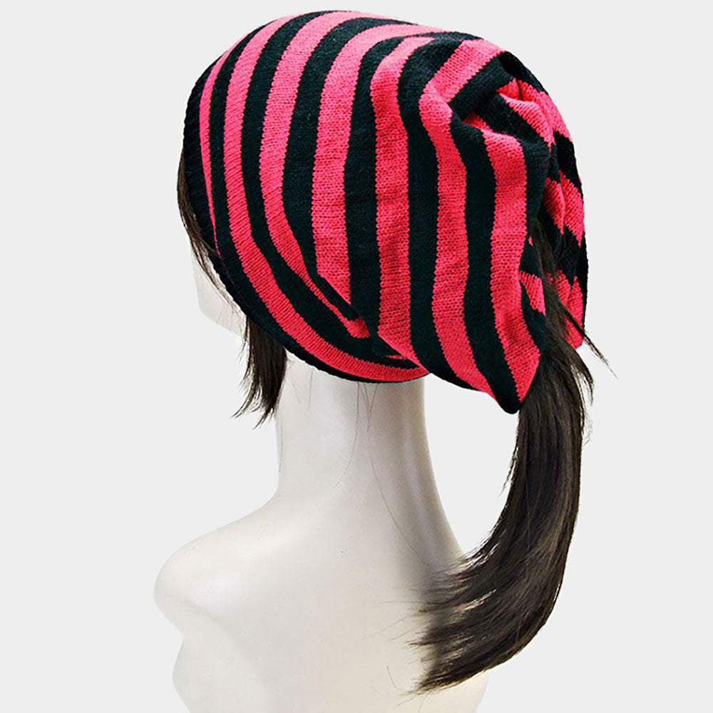 HATEGORY Striped Acrylic Open End Beanie Hat